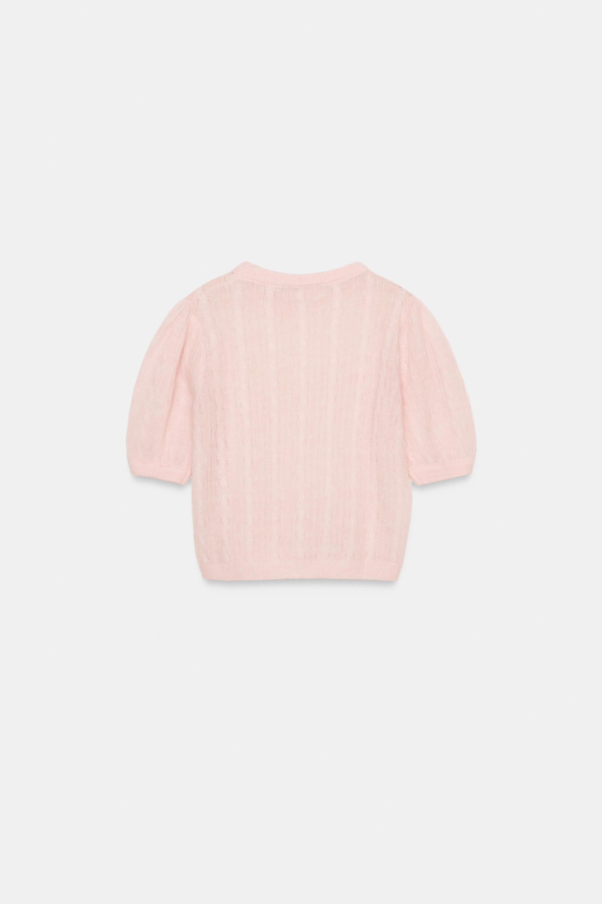 WOOL BLEND CABLE-KNIT SHORT SLEEVE SWEATER